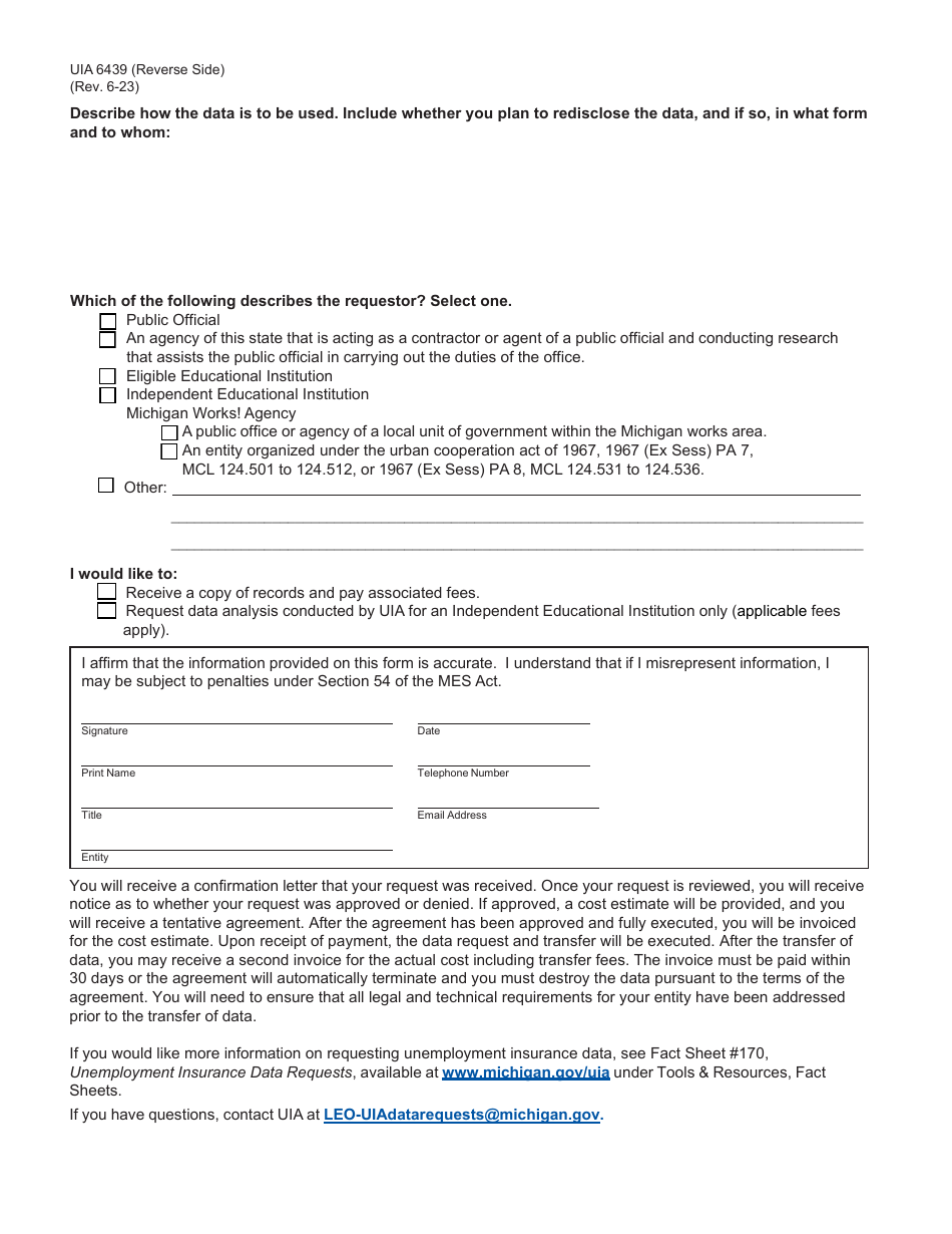 Form UIA6439 Public Official, Educational Institution, or Michigan Works Agency Request for Information - Michigan, Page 2