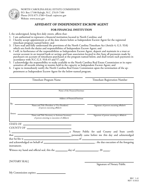 Form REC1.41 Affidavit of Independent Escrow Agent - North Carolina