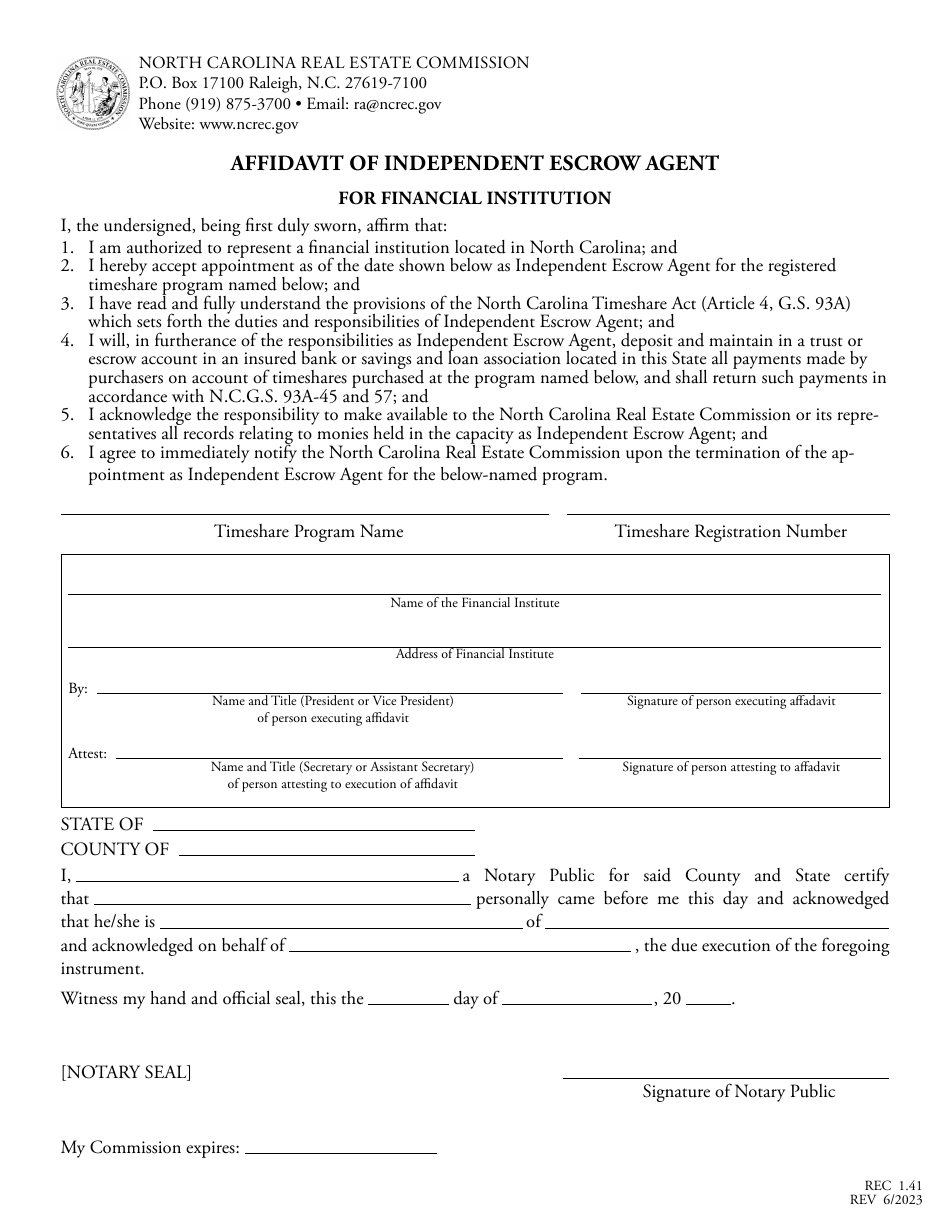 Form REC1.41 Affidavit of Independent Escrow Agent - North Carolina, Page 1