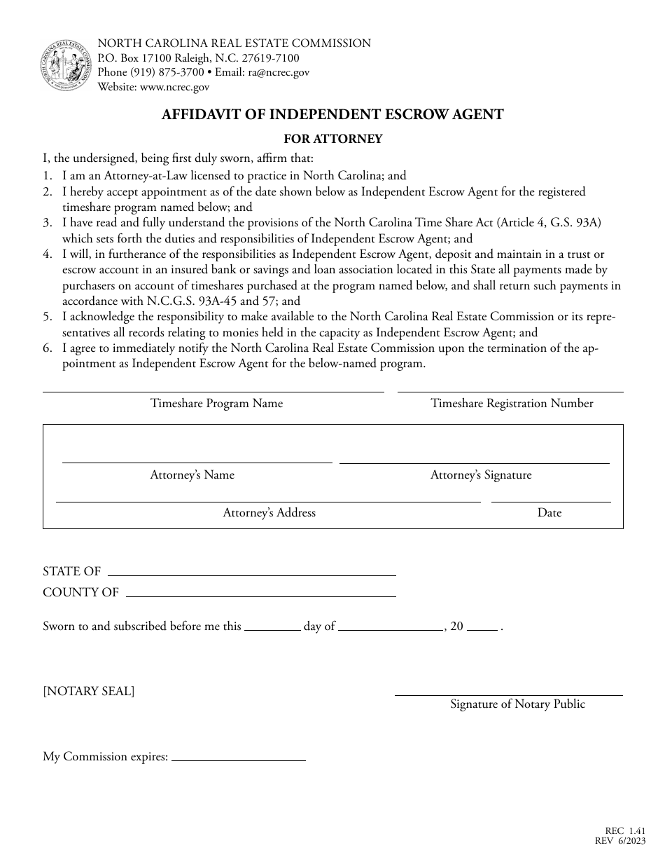 Form REC1.41 Affidavit of Independent Escrow Agent - North Carolina, Page 2