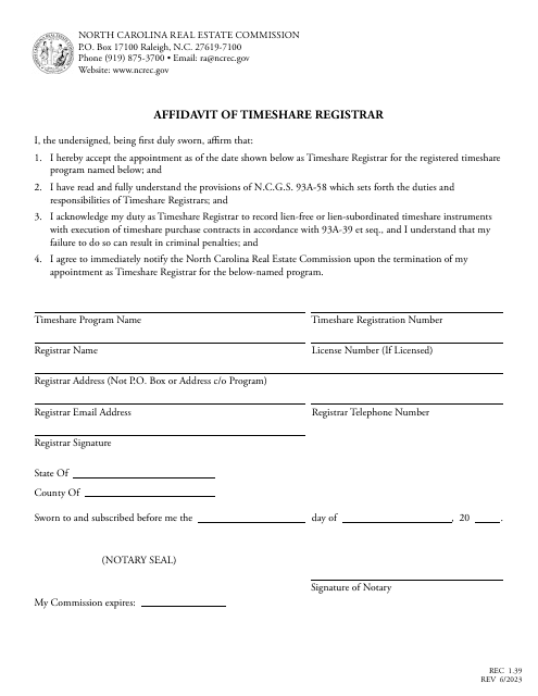 Form REC1.39 Affidavit of Timeshare Registrar - North Carolina