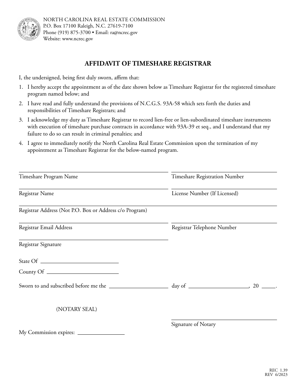Form REC1.39 Affidavit of Timeshare Registrar - North Carolina, Page 1