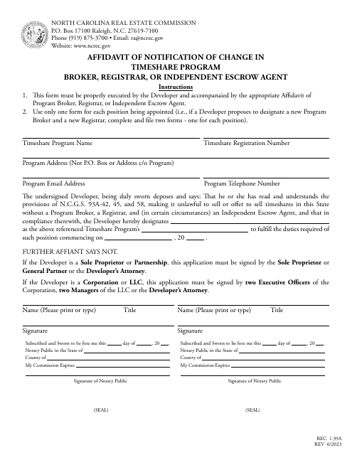 Form REC1.39A Affidavit of Notification of Change in Timeshare Program - Broker, Registrar, or Independent Escrow Agent - North Carolina