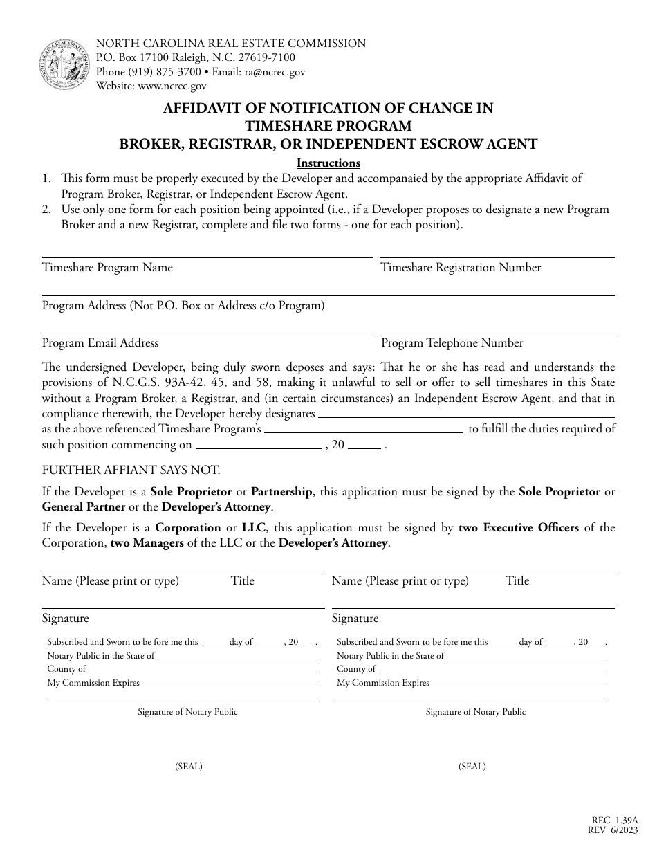 Form REC1.39A Affidavit of Notification of Change in Timeshare Program - Broker, Registrar, or Independent Escrow Agent - North Carolina, Page 1