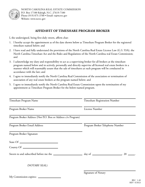 Form REC1.40 Affidavit of Timeshare Program Broker - North Carolina
