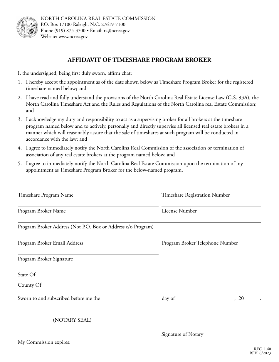Form REC1.40 Affidavit of Timeshare Program Broker - North Carolina, Page 1