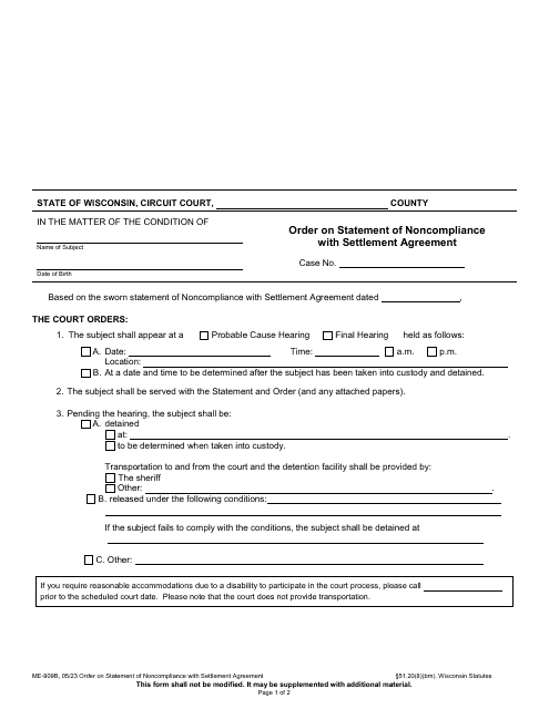 Form ME-909B Order on Statement of Noncompliance With Settlement Agreement - Wisconsin