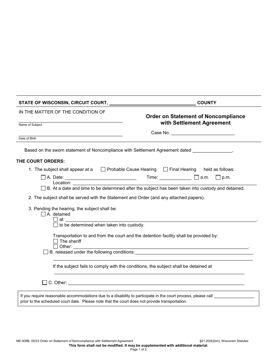 Form ME-909B Order on Statement of Noncompliance With Settlement Agreement - Wisconsin, Page 1