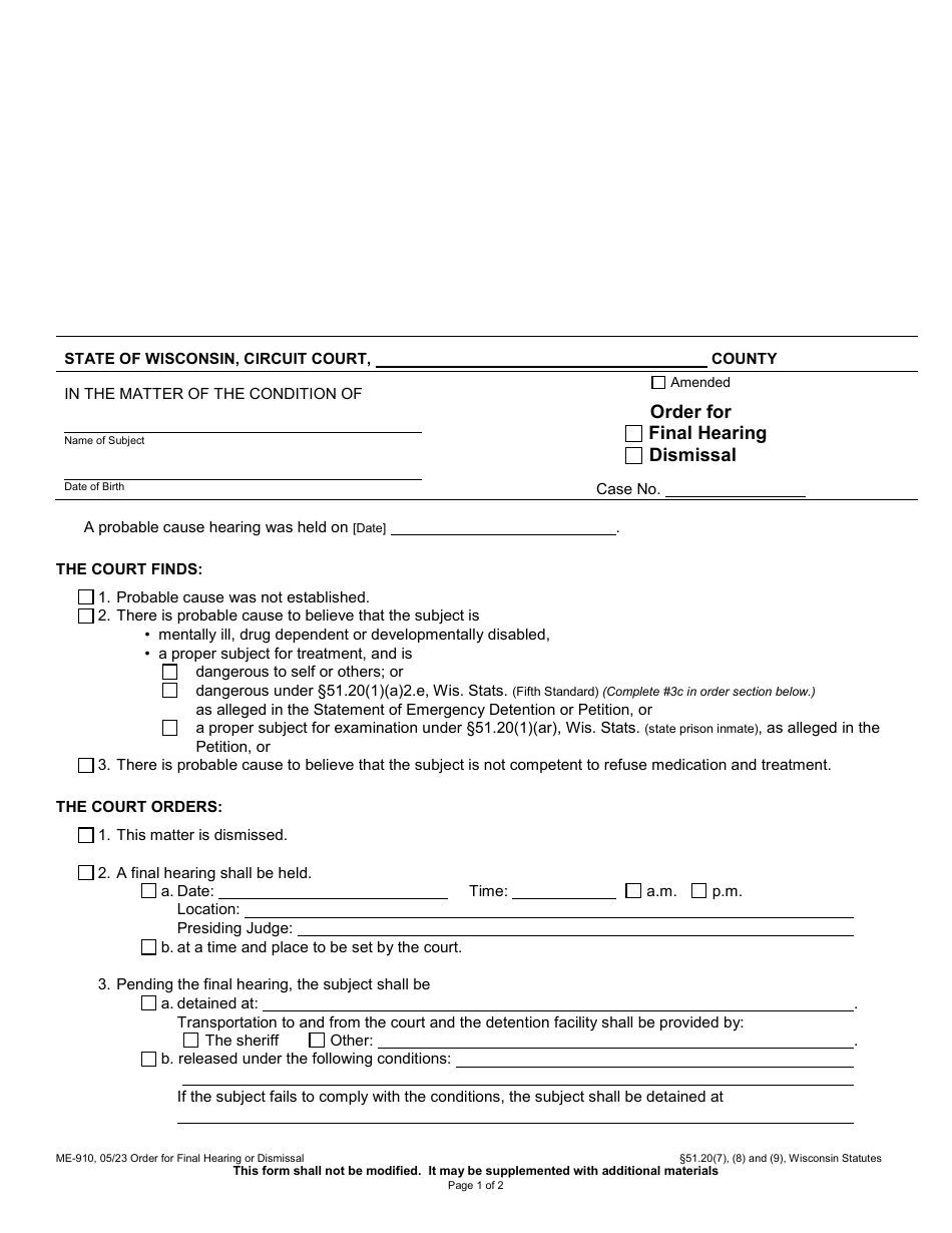 Form ME-910 Order for Final Hearing or Dismissal - Wisconsin, Page 1