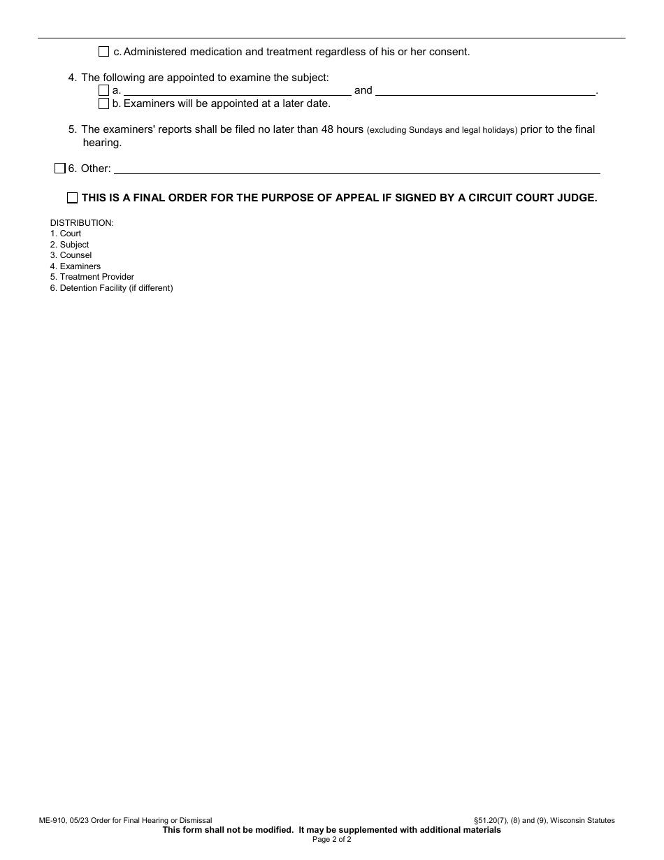 Form ME-910 Order for Final Hearing or Dismissal - Wisconsin, Page 2