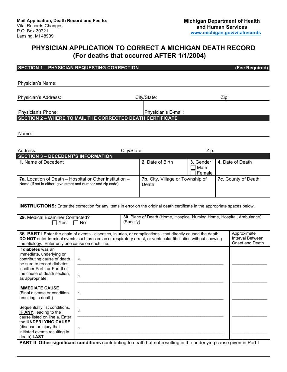 Form DCH-0862 Physician Application to Correct a Michigan Death Record (For Deaths That Occurred After 1 / 1 / 2004) - Michigan, Page 1