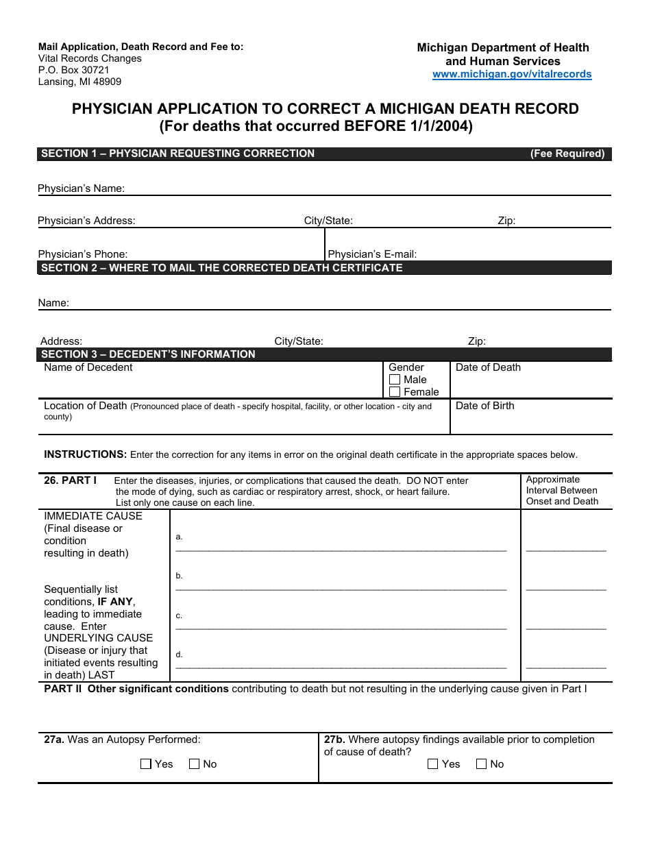 Form DCH-0862 DX BEFORE Physician Application to Correct a Michigan Death Record (For Deaths That Occurred Before 1 / 1 / 2004) - Michigan, Page 1