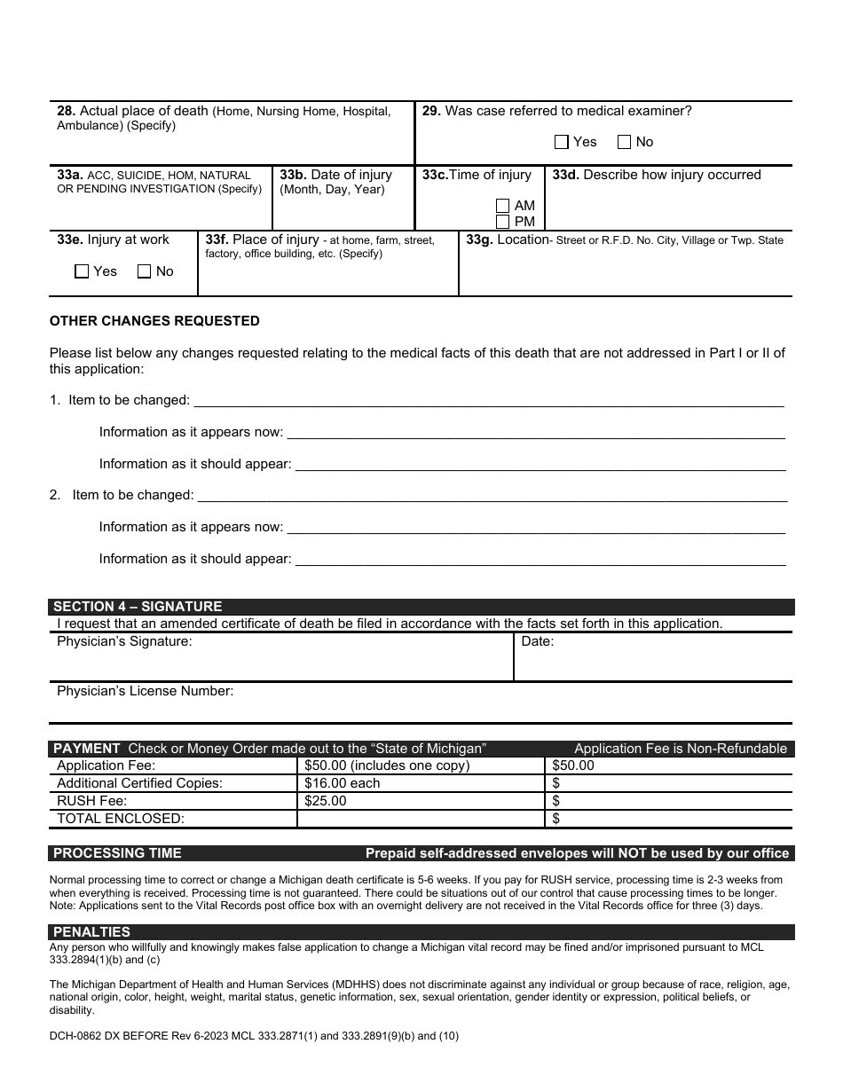 Form DCH-0862 DX BEFORE Physician Application to Correct a Michigan Death Record (For Deaths That Occurred Before 1 / 1 / 2004) - Michigan, Page 2