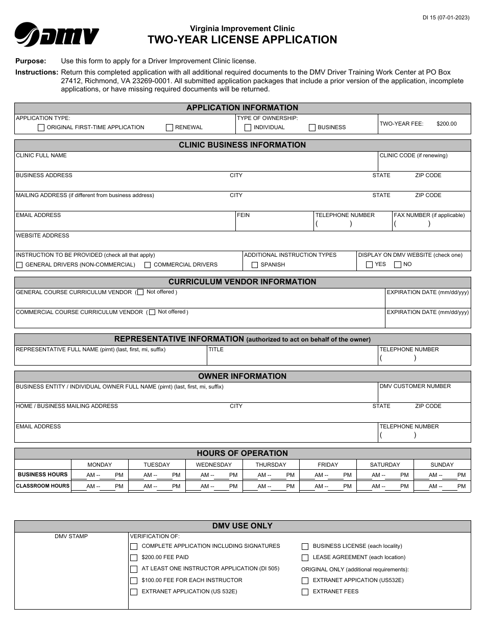 Form DI15 Two-Year License Application - Virginia, Page 1
