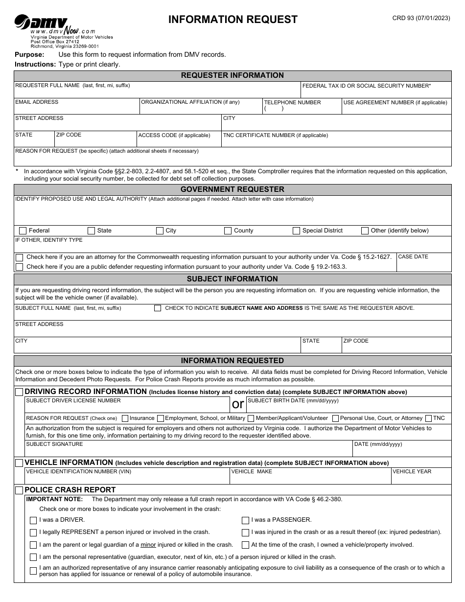 Form CRD93 Download Fillable PDF or Fill Online Information Request ...