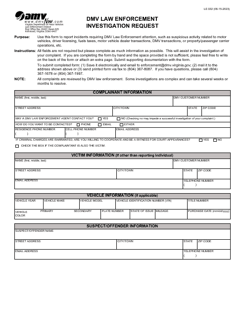 Form LE022 DMV Law Enforcement Investigation Request - Virginia