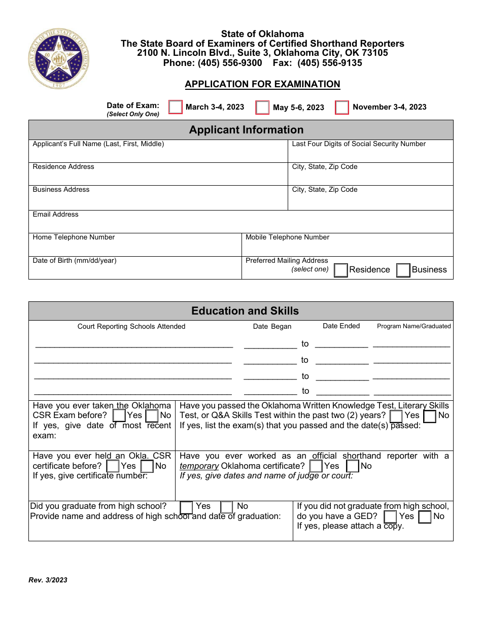 2023 Oklahoma Certified Shorthand Reporters Application For Examination Fill Out Sign Online 6325