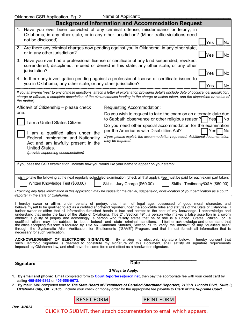 Certified Shorthand Reporters Application for Examination - Oklahoma, Page 2
