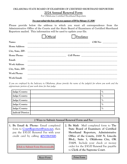 Annual Renewal Form for Oklahoma Certified Shorthand Reporters - Oklahoma, 2024
