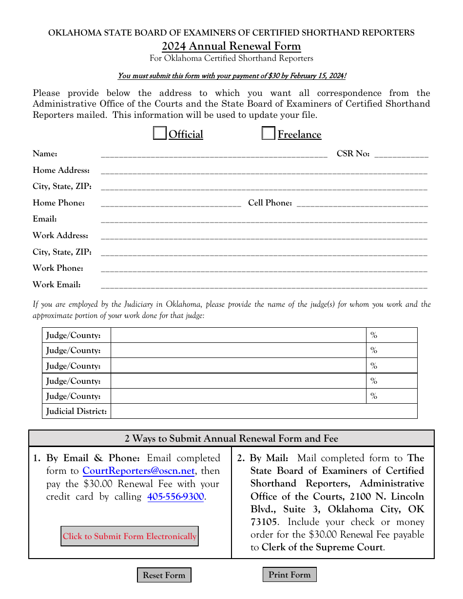 2024 Oklahoma Annual Renewal Form for Oklahoma Certified Shorthand