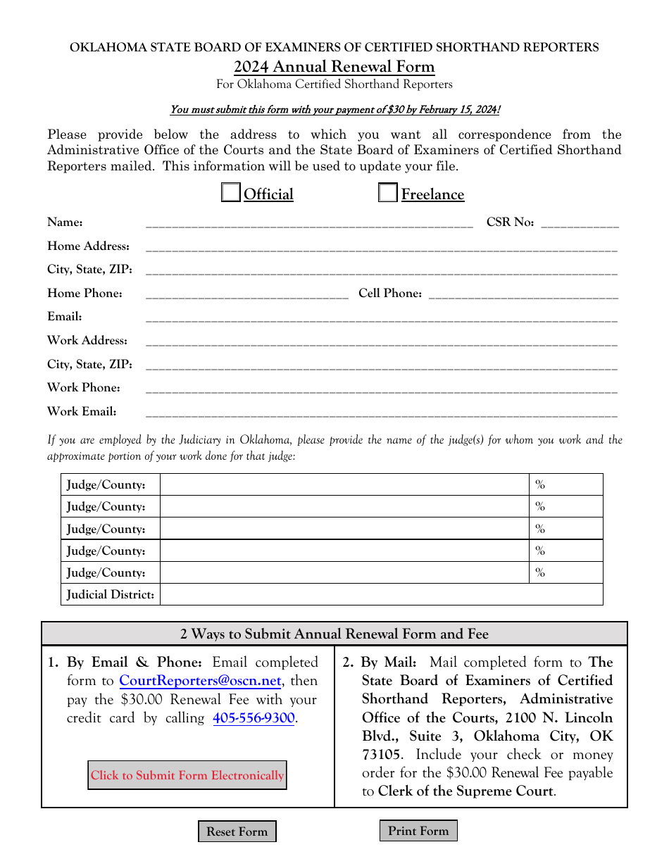 Annual Renewal Form for Oklahoma Certified Shorthand Reporters - Oklahoma, Page 1