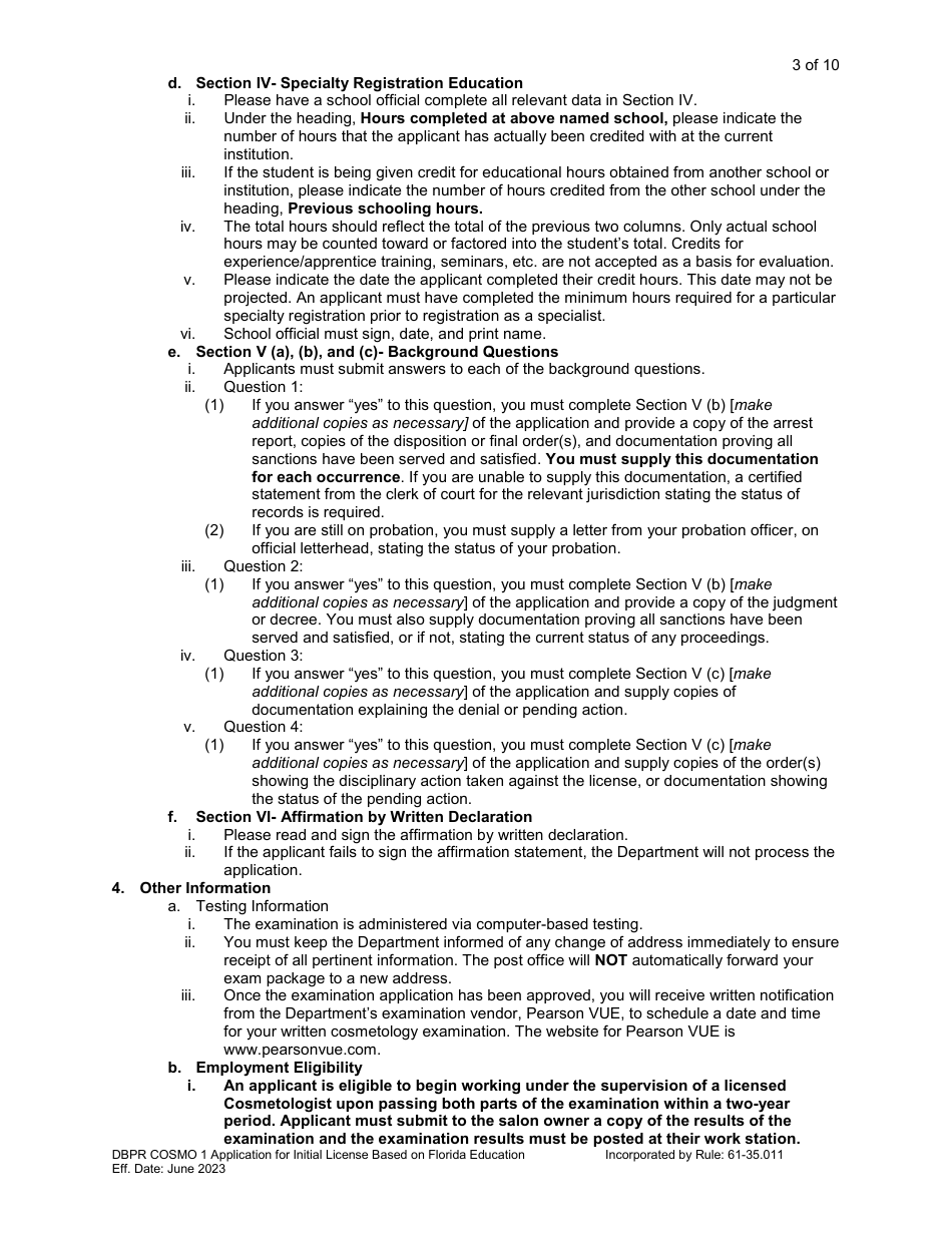 Form DBPR COSMO1 Application for Initial License Based on Florida Education - Florida, Page 4