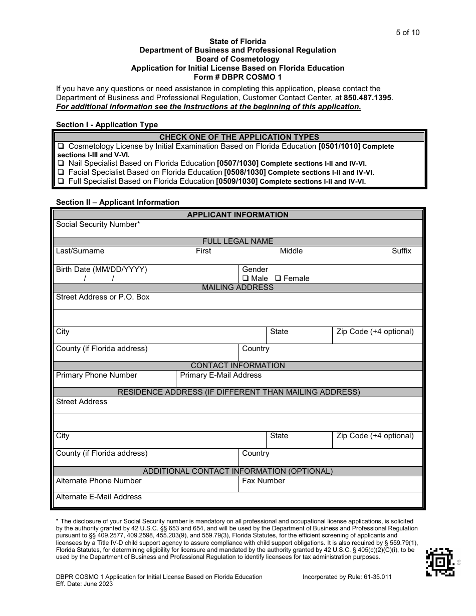 Form DBPR COSMO1 Application for Initial License Based on Florida Education - Florida, Page 6