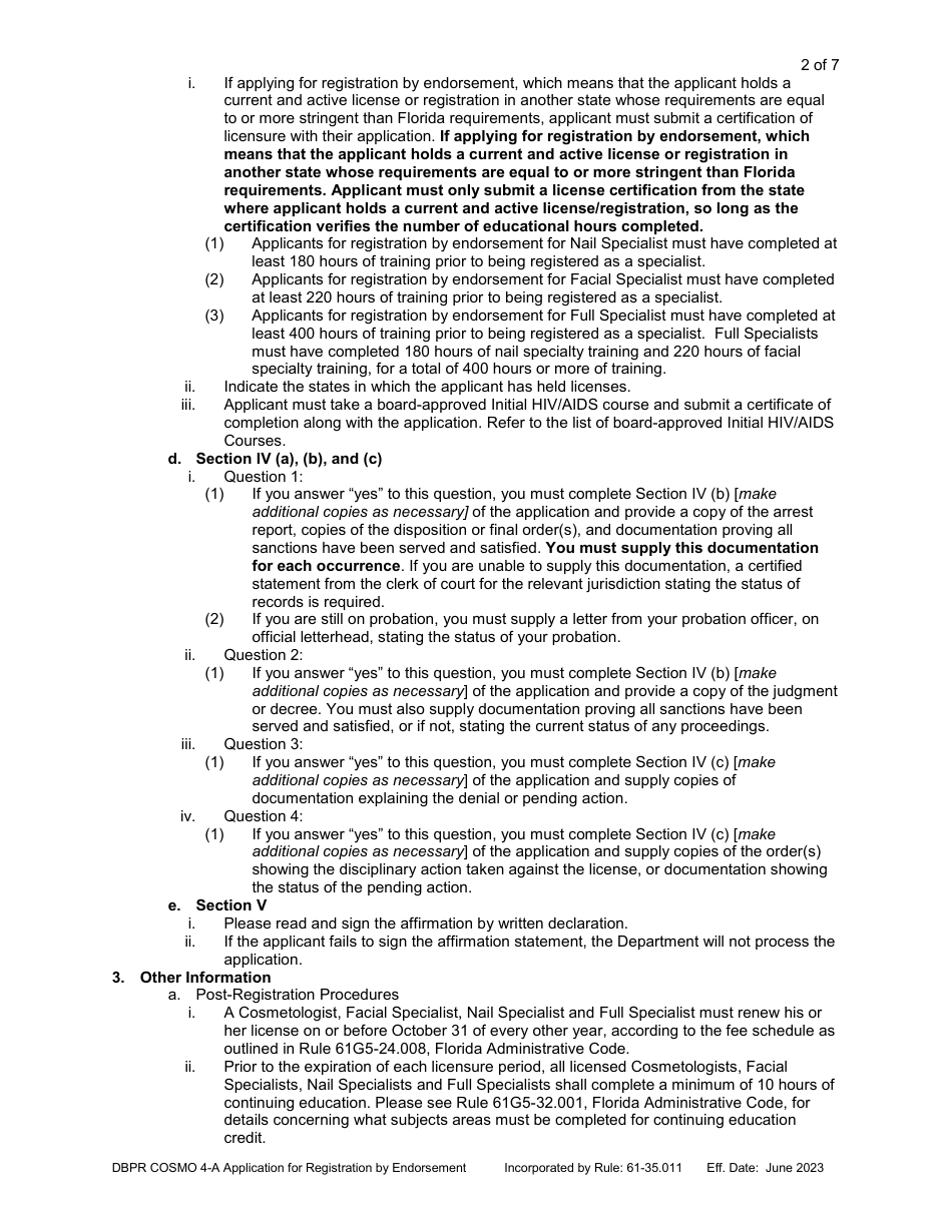 Form DBPR COSMO4-A Application for Registration by Endorsement - Florida, Page 3