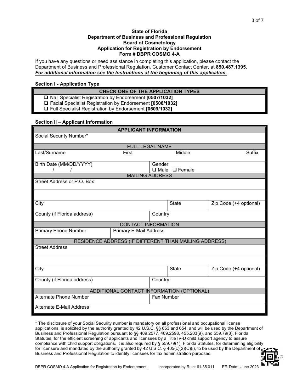 Form DBPR COSMO4-A Application for Registration by Endorsement - Florida, Page 4