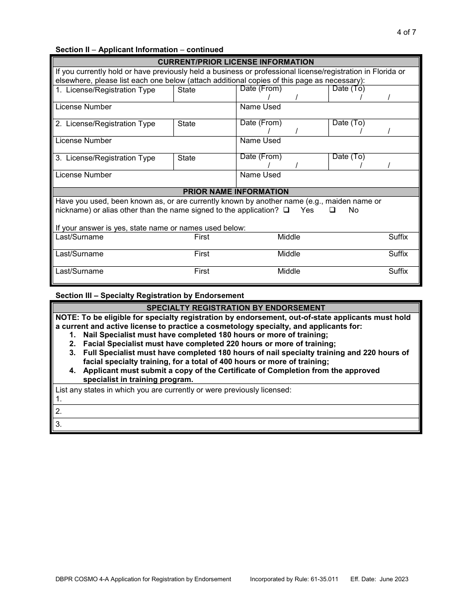 Form DBPR COSMO4-A Application for Registration by Endorsement - Florida, Page 5