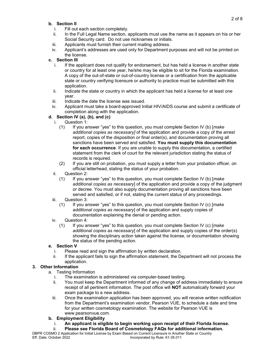 Form DBPR COSMO2 Application for Initial License by Exam Based on Current Licensure in Another State or Country - Florida, Page 3
