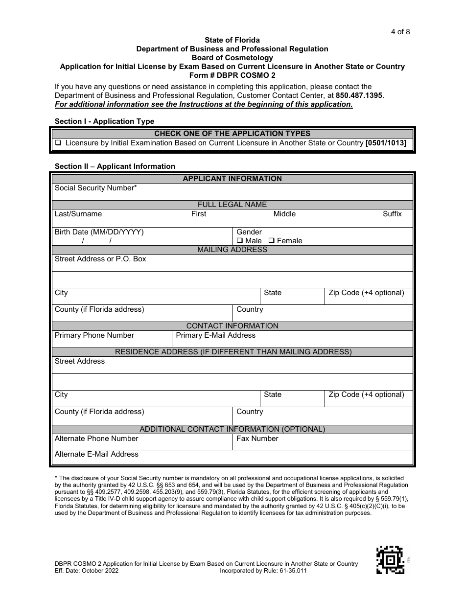 Form DBPR COSMO2 Application for Initial License by Exam Based on Current Licensure in Another State or Country - Florida, Page 5