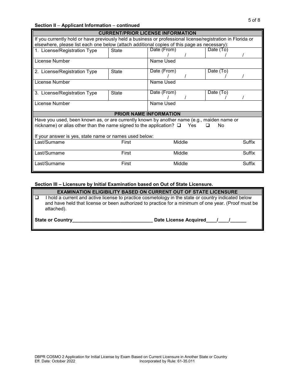 Form DBPR COSMO2 Application for Initial License by Exam Based on Current Licensure in Another State or Country - Florida, Page 6