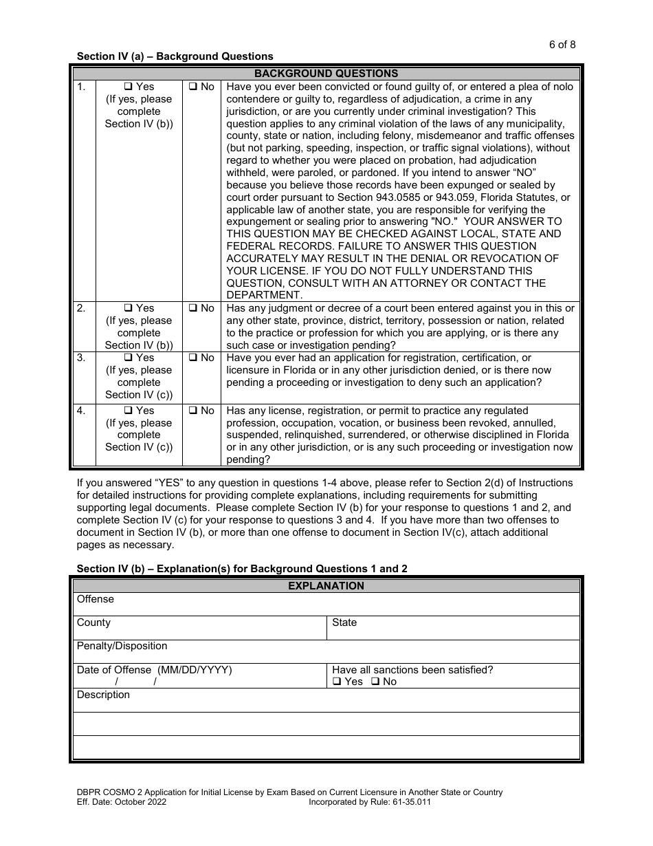 Form DBPR COSMO2 Application for Initial License by Exam Based on Current Licensure in Another State or Country - Florida, Page 7