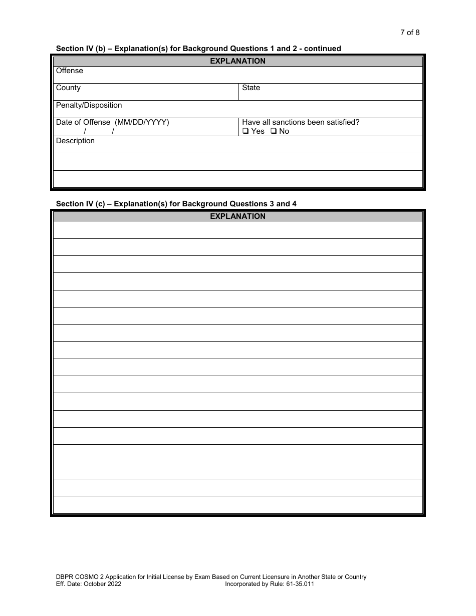 Form DBPR COSMO2 Application for Initial License by Exam Based on Current Licensure in Another State or Country - Florida, Page 8