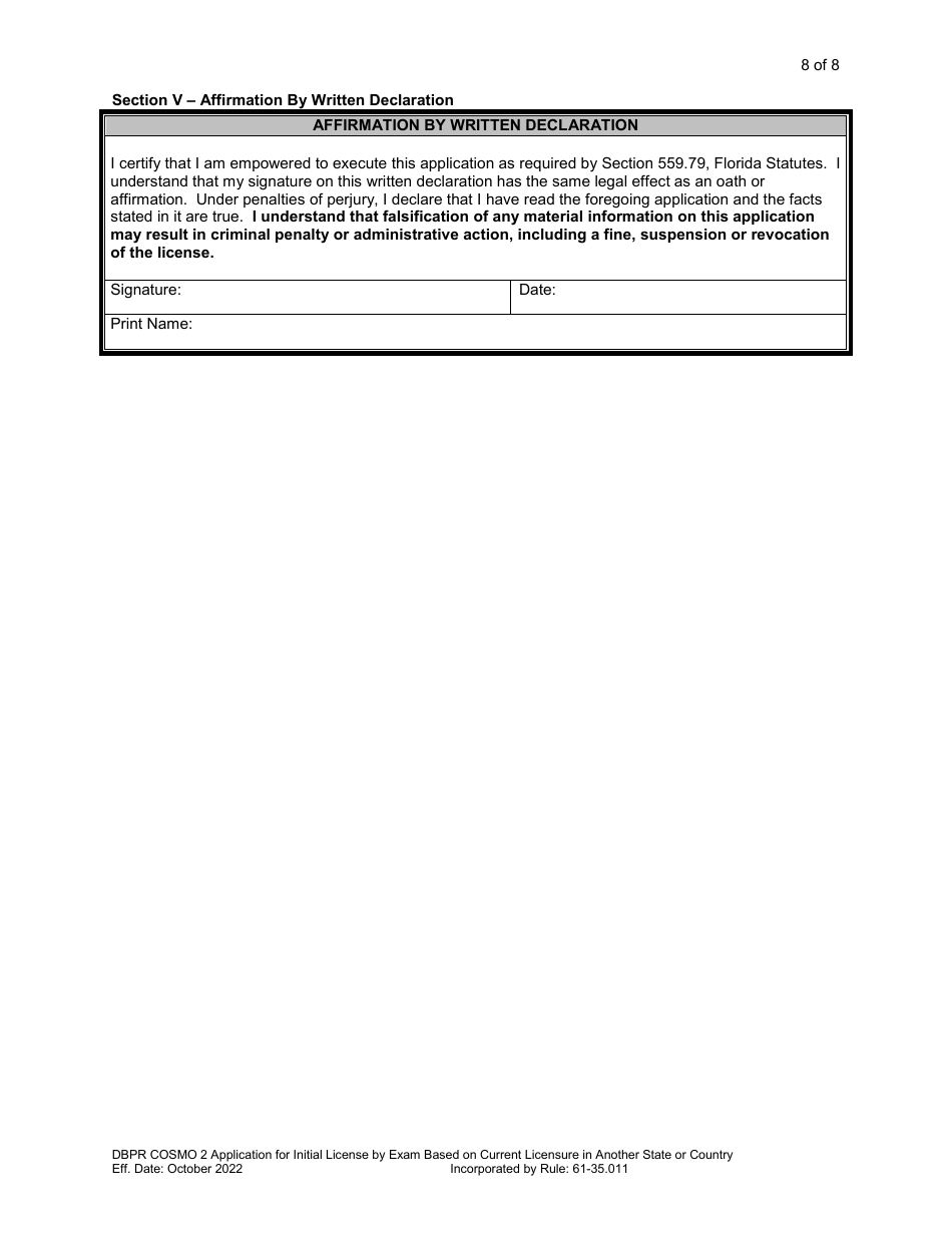 Form DBPR COSMO2 Application for Initial License by Exam Based on Current Licensure in Another State or Country - Florida, Page 9