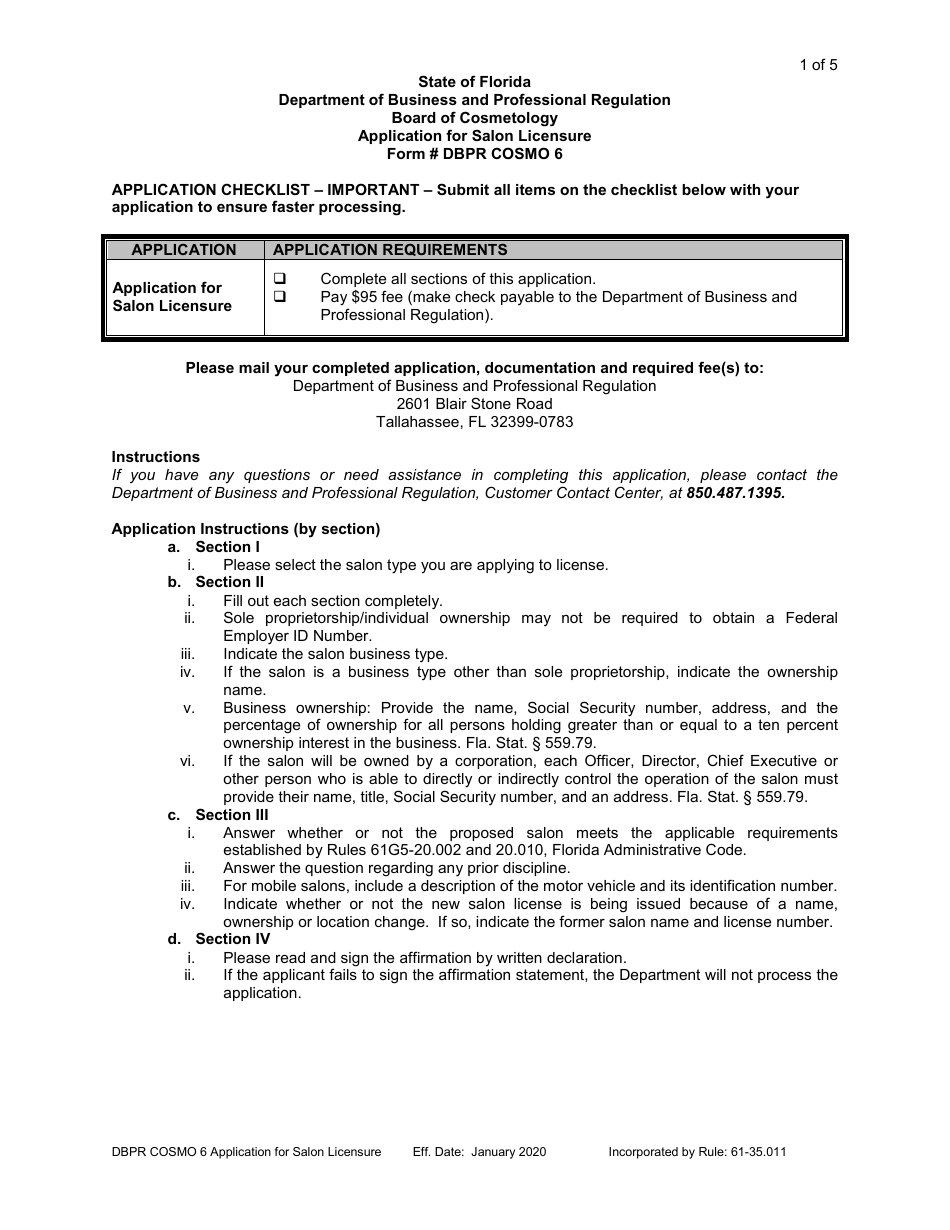 Form DBPR COSMO6 Application for Salon Licensure - Florida, Page 3