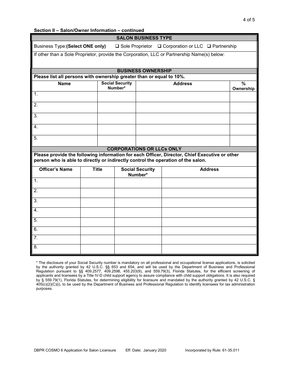 Form DBPR COSMO6 Application for Salon Licensure - Florida, Page 6
