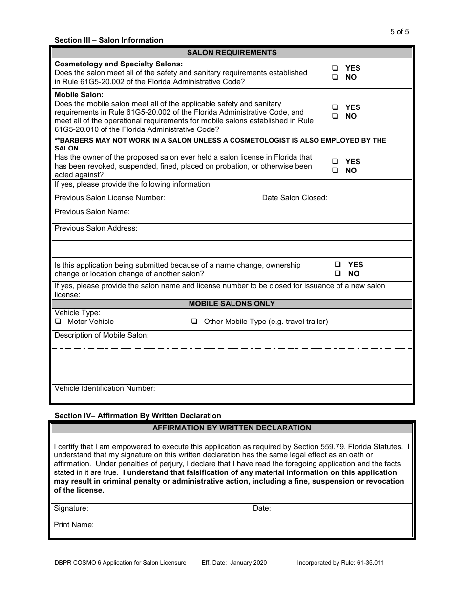 Form DBPR COSMO6 Application for Salon Licensure - Florida, Page 7