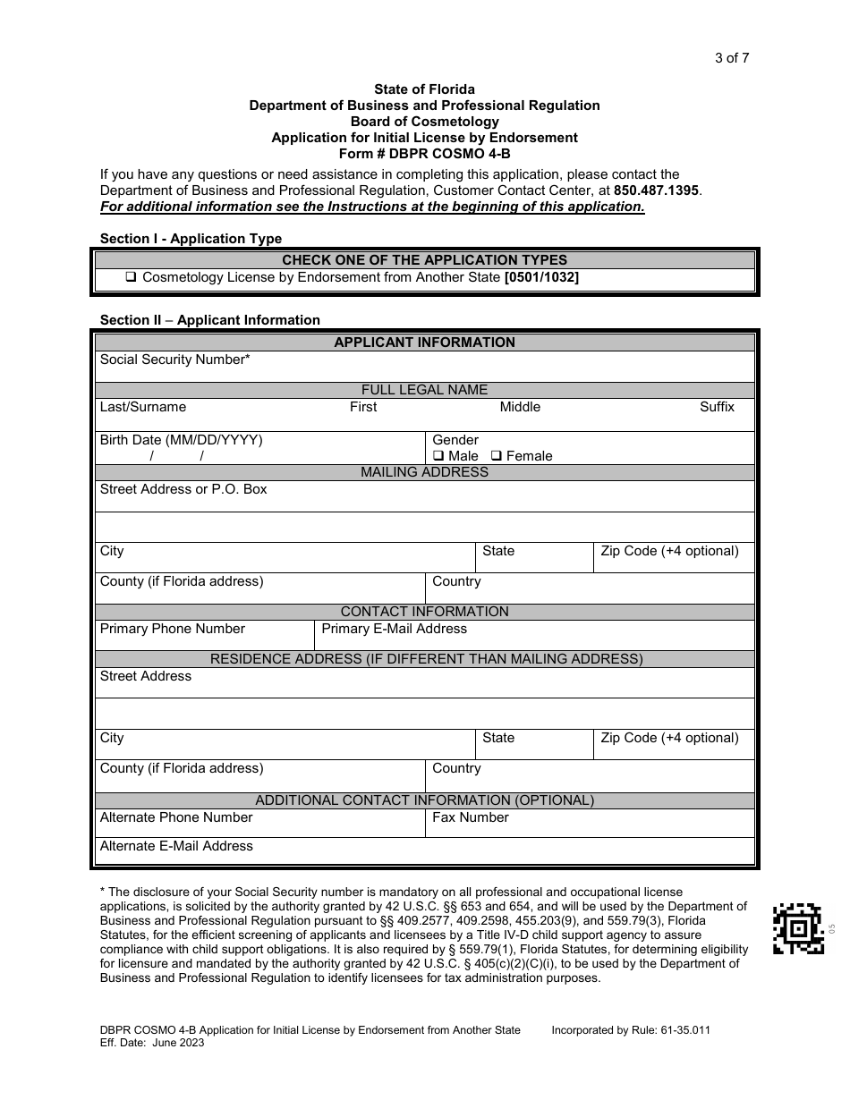 Form DBPR COSMO4-B Download Printable PDF or Fill Online Application ...