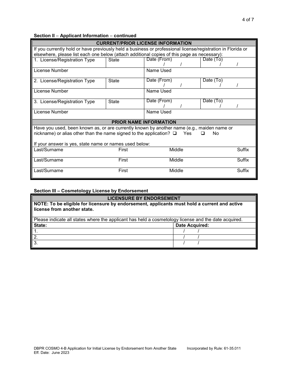 Form DBPR COSMO4-B Application for Initial License by Endorsement From Another State - Florida, Page 5