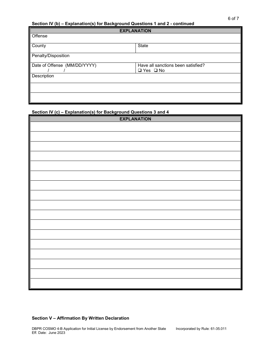 Form DBPR COSMO4-B Application for Initial License by Endorsement From Another State - Florida, Page 7