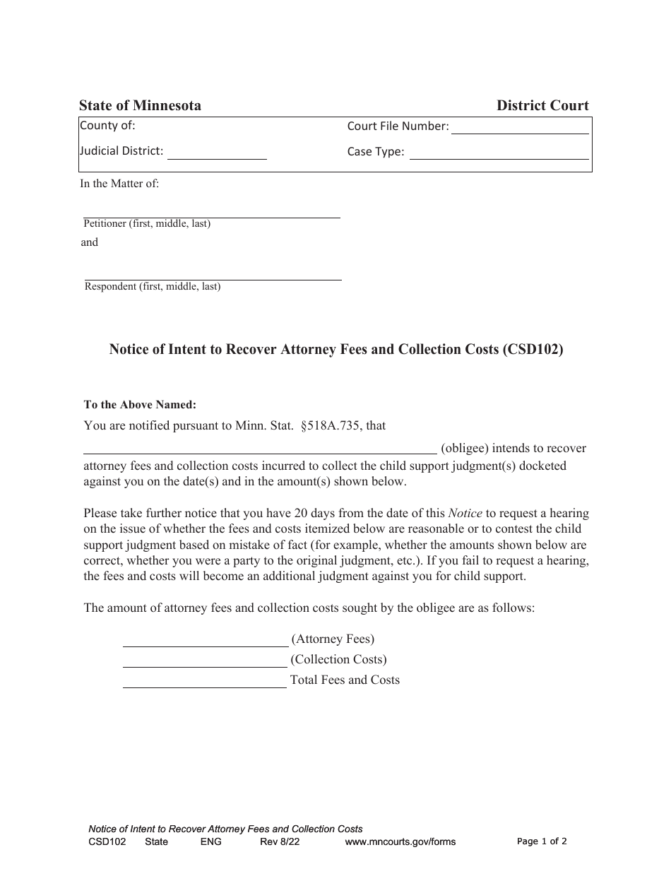 Form CSD102 Notice of Intent to Recover Attorney Fees and Collection Costs - Minnesota, Page 1