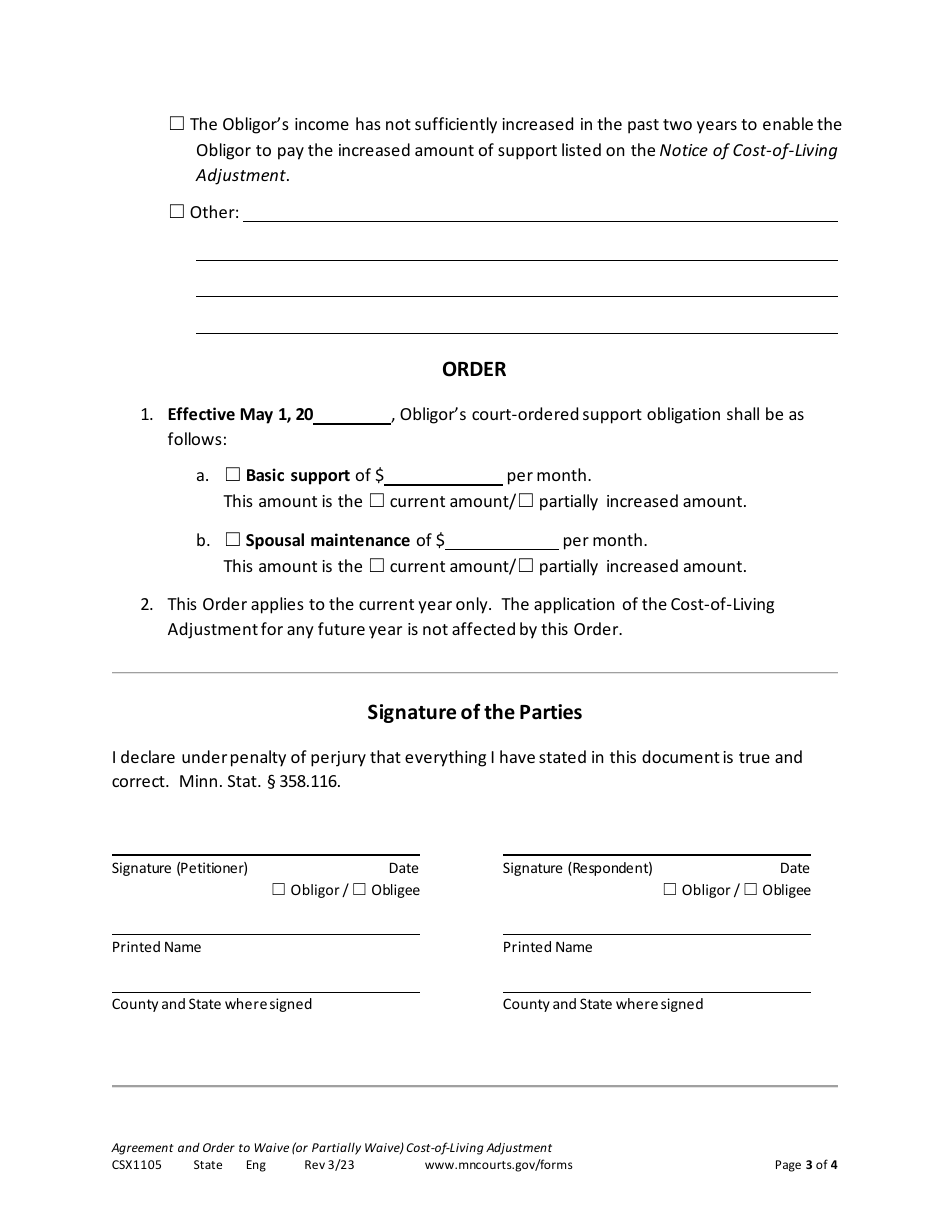 Form CSX1105 Agreement and Order to Waive (Or Partially Waive) Cost-Of-Living Adjustment - Minnesota, Page 3