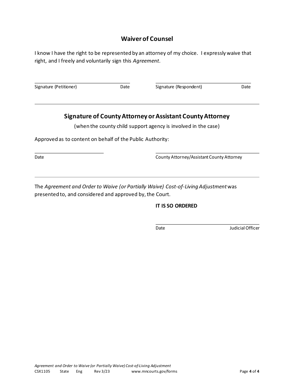 Form CSX1105 Agreement and Order to Waive (Or Partially Waive) Cost-Of-Living Adjustment - Minnesota, Page 4