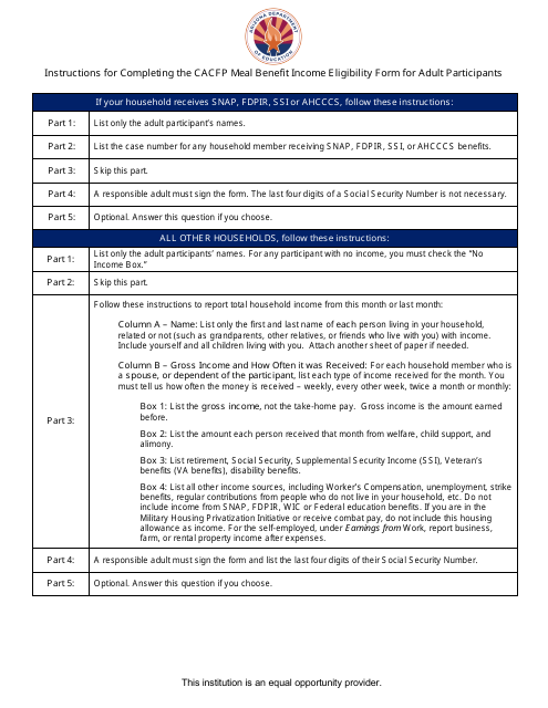 Instructions for CACFP Meal Benefit Income Eligibility Form for Adult Participants - Arizona (English / Spanish) Download Pdf