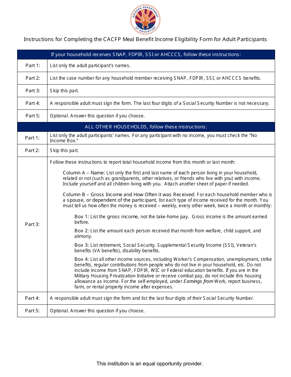 Instructions for CACFP Meal Benefit Income Eligibility Form for Adult Participants - Arizona (English / Spanish), Page 1