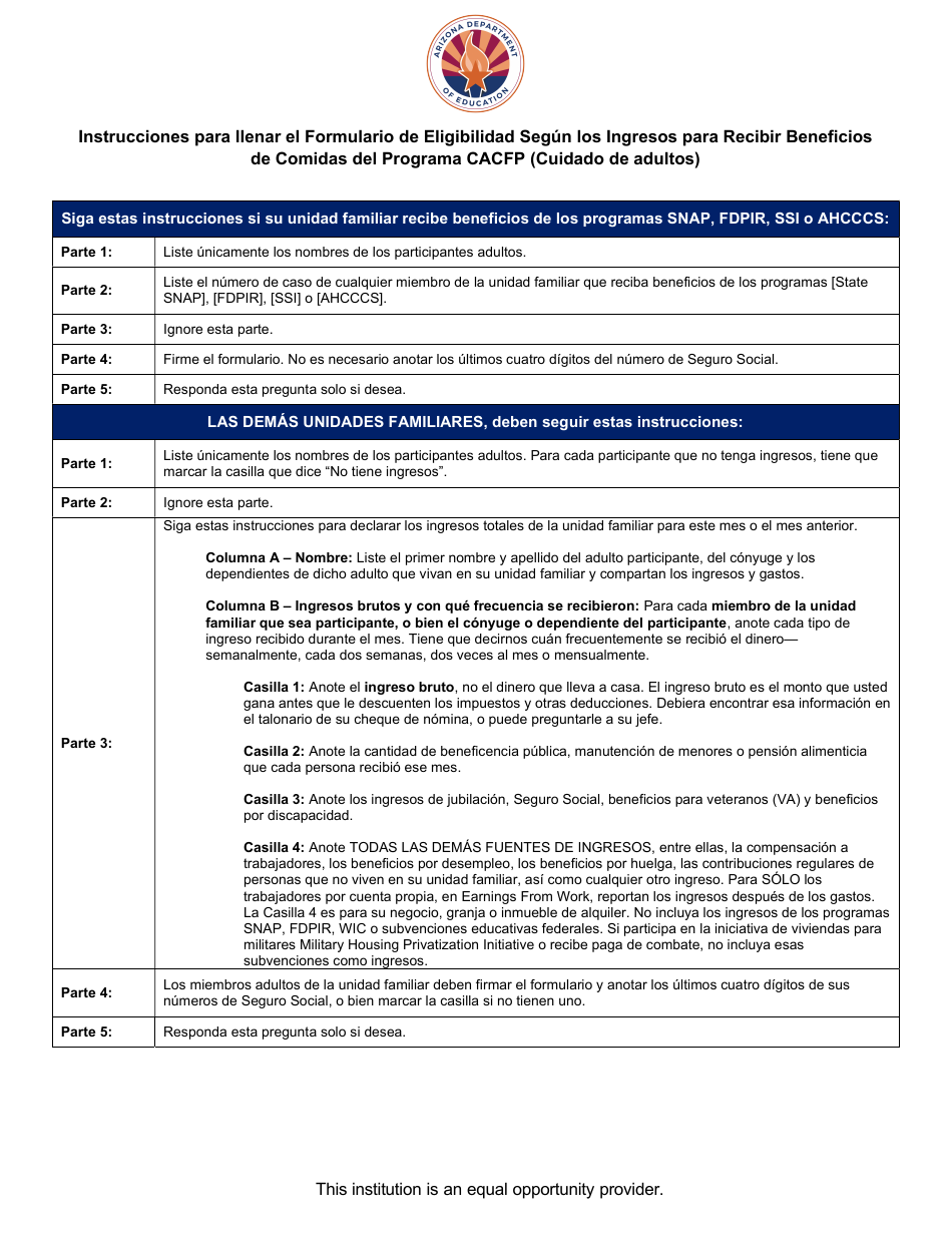 Instructions for CACFP Meal Benefit Income Eligibility Form for Adult Participants - Arizona (English / Spanish), Page 2
