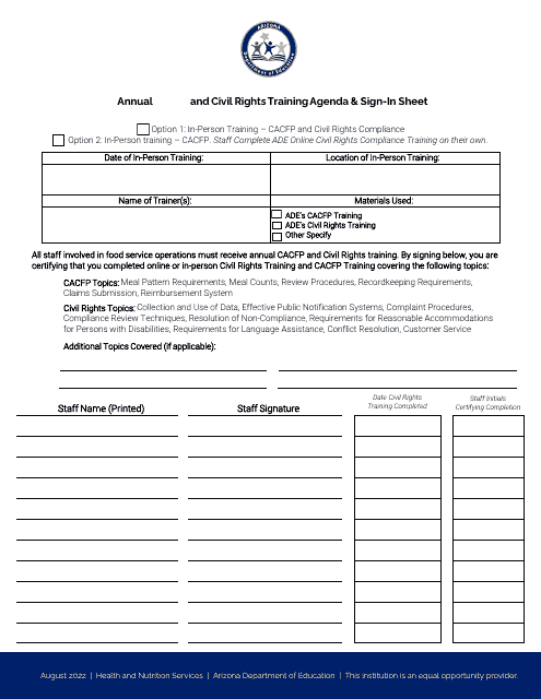 Annual CACFP and Civil Rights Training Agenda & Sign-In Sheet - Arizona