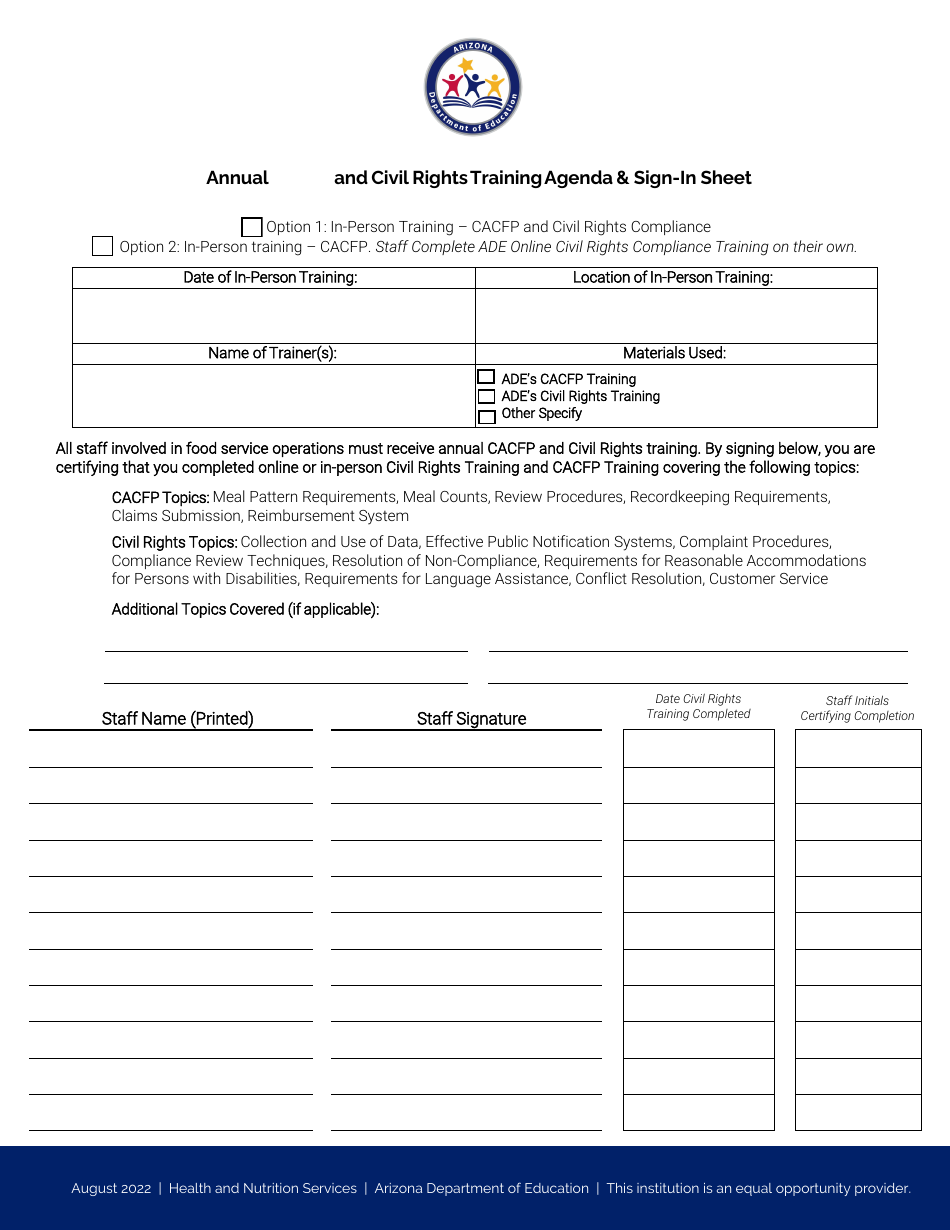 Annual CACFP and Civil Rights Training Agenda  Sign-In Sheet - Arizona, Page 1